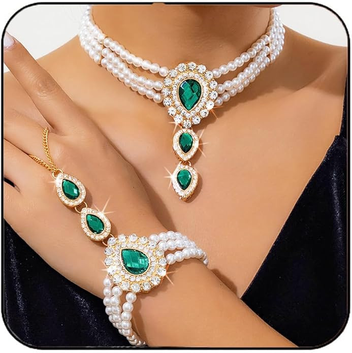 Brishow Pearl Choker Necklaces Set Green Crystal Bridal Jewelry Sets for Wedding Layered Pearl Co... | Amazon (US)