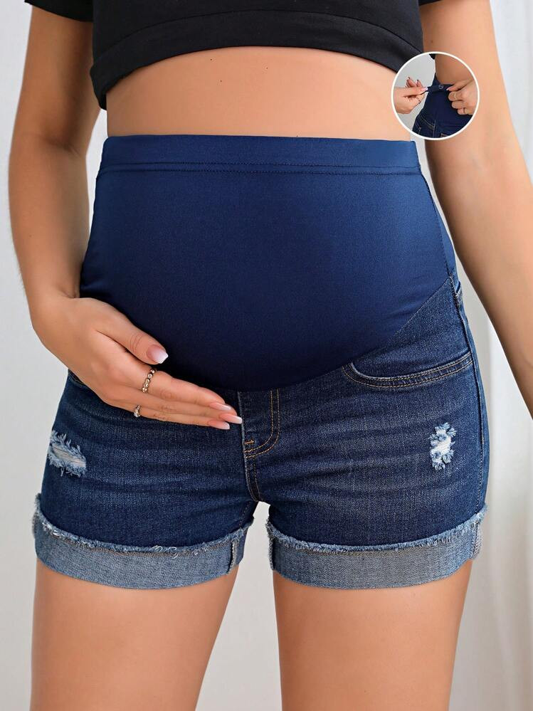SHEIN Maternity Adjustable Waist Ripped Roll Up Hem Denim Shorts | SHEIN