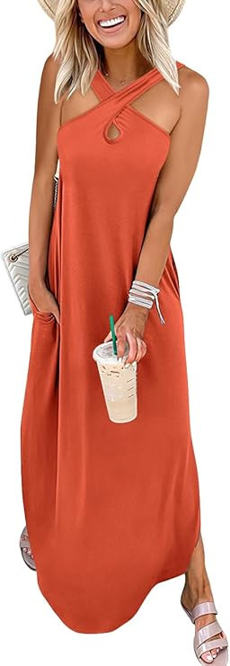 ANRABESS Women’s Casual Summer Maxi Dress Criss Cross Sexy Slit Side Sleeveless Loose Beach Lon... | Amazon (US)