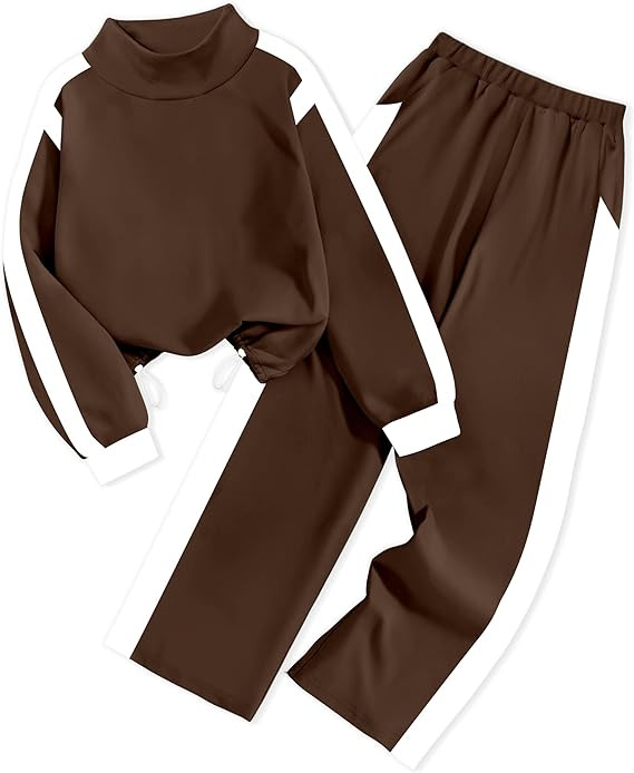 Girls Clothes 2 Piece Outfits Turtleneck Sweatsuit Fleece Colorblock Sweatshirt Wide Leg Sweatpan... | Amazon (US)