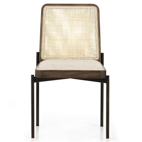 Valdimir Coastal Beige Performance Cane Back Brown Oak Black Iron Base Side Chair | Kathy Kuo Home