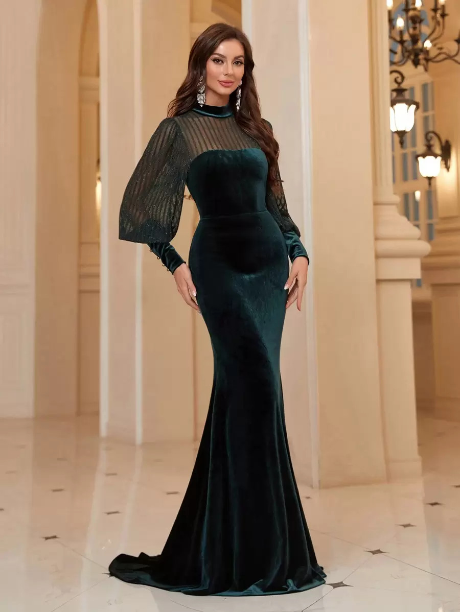Aureia Mesh Panel Velvet Mermaid Evening Gown With Lantern Sleeves, Elegant Long Sleeve Formal Pr... | SHEIN