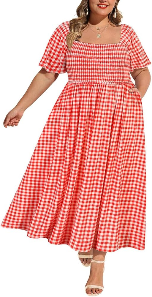 RITERA Plus Size Dresses for Curvy Women Square Neck Short Sleeve Summer Floral Smocked Maxi Dres... | Amazon (US)