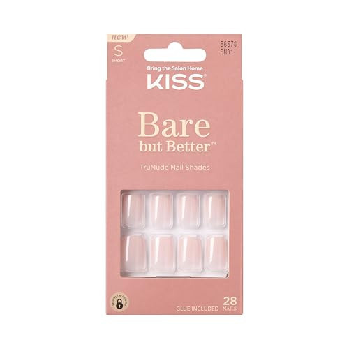 KISS Bare but Better Press On Nails, Glossy Pink, Short Length, Square Shape, 28 Fake Nails, Pink Gel Nail Glue Net Wt. 2g (0.07 Oz.), Mini Nail File, & Manicure Stick | Amazon (US)