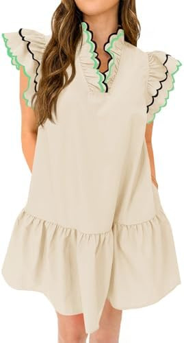 Wenrine Womens Summer Mini Dress Ruffle Short Sleeve V Neck Contrast Trim A Line Casual Loose Bea... | Amazon (US)