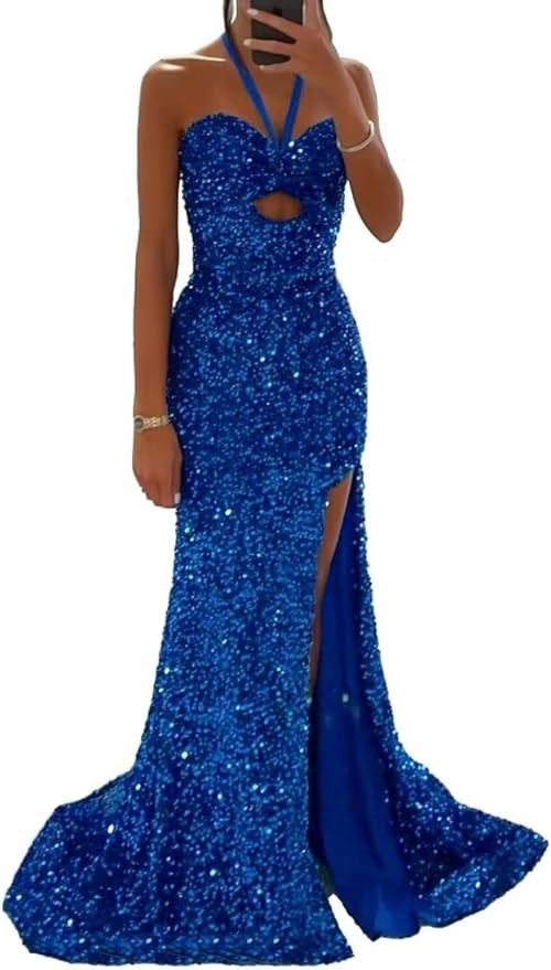 Halter Sequin Mermaid Prom Dresses 2024 Sparkly Cutout Side Split Tight Formal Evening Party Gown... | Amazon (US)