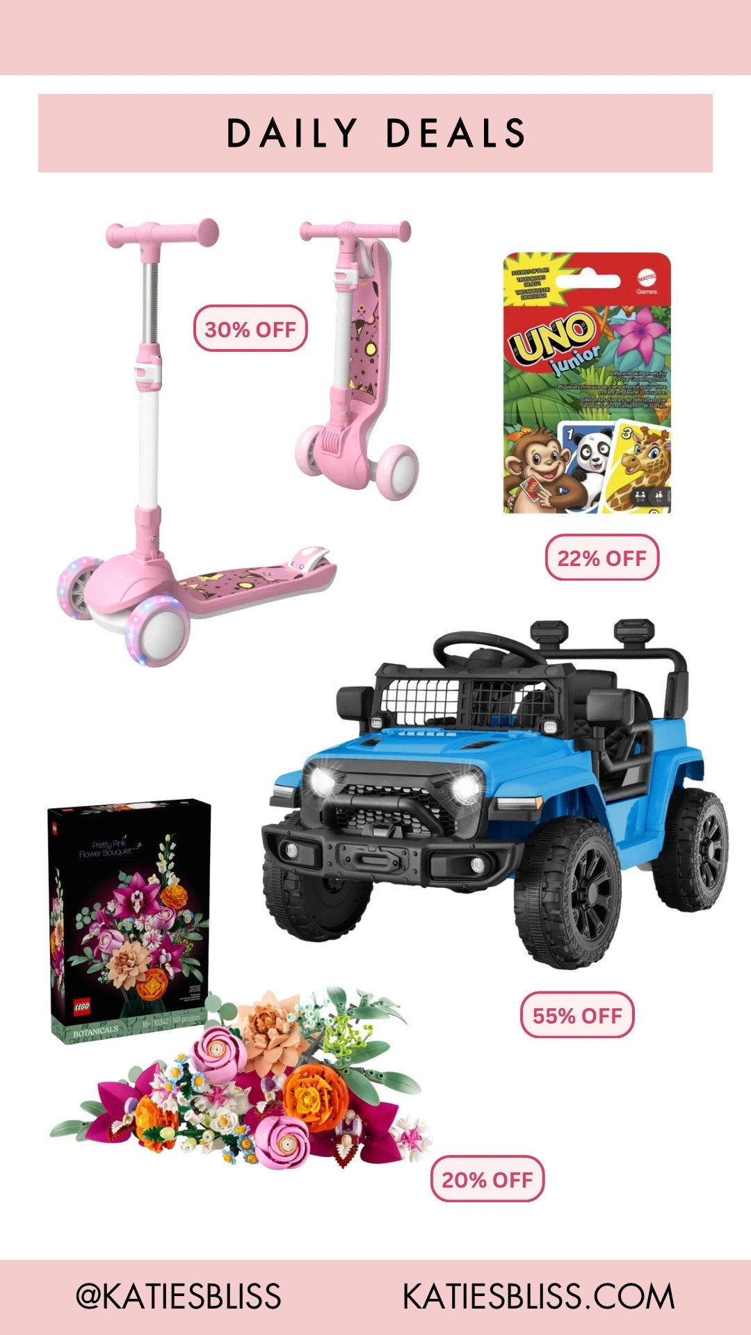 Daily deals ✨

Walmart. Deal. Sale. Markdown. Rollback. Toys. Kids. Outdoor. Scooter. Jeep. Lego. Uno.

#LTKmomlife #LTKSaleAlert #LTKKids