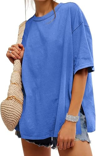 UNCLECAT Womens Oversized T Shirts Summer Trendy Short Sleeve Crew Neck Tops Loose Fit Side Slit Tees Royal Blue | Amazon (US)