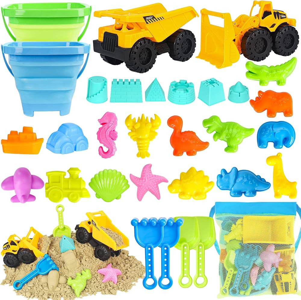 Beach Toys, 31Pcs Sand Toys with 2 Construction Vehicle and 2 Collapsible Beach Bucket, Sand Cast... | Amazon (US)
