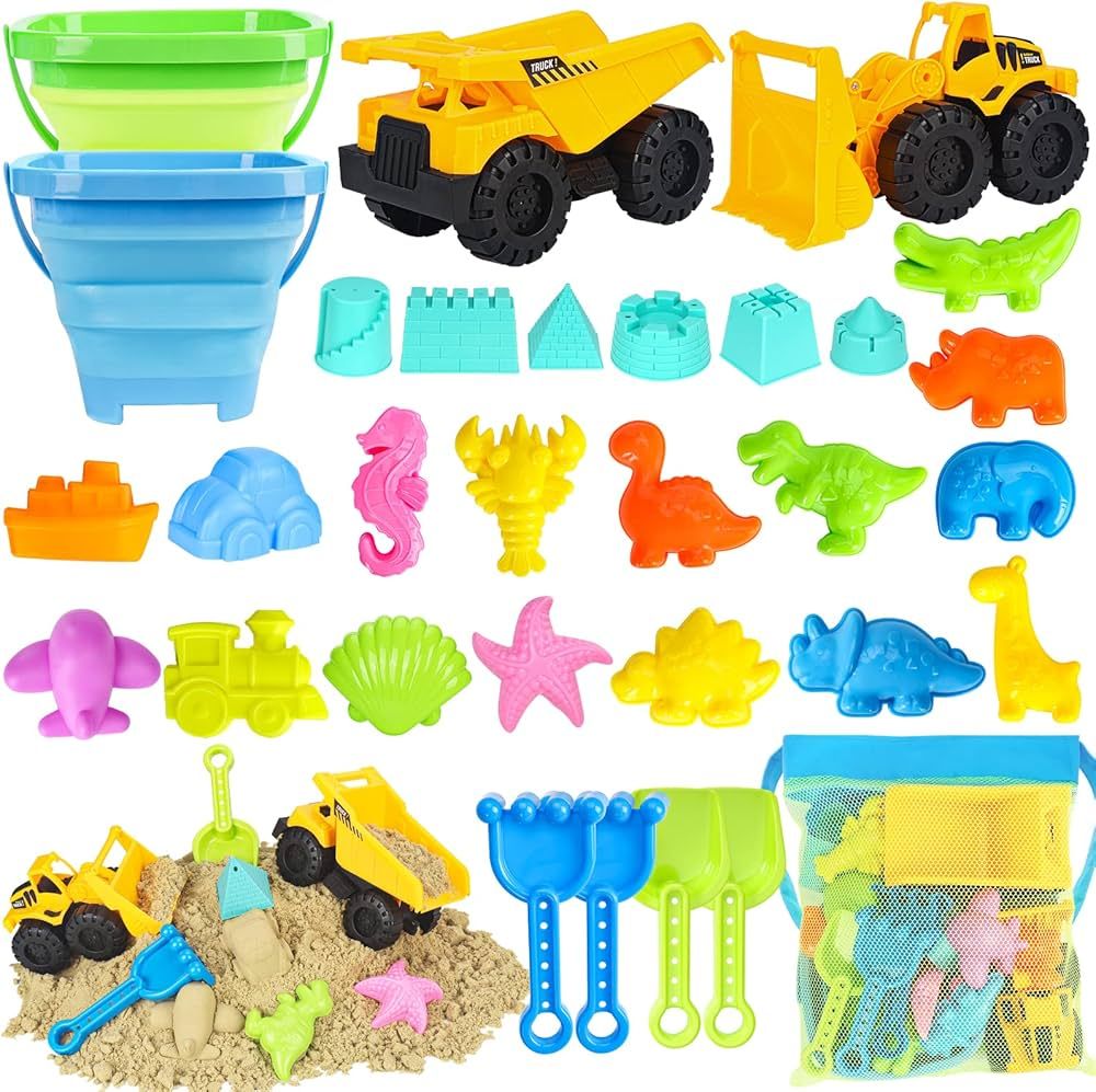 FHOZGECY Beach Toys, 31Pcs Sand Toys, Sandbox Toys with 2 Truck 2 Collapsible Sand Bucket, Shovel... | Amazon (US)