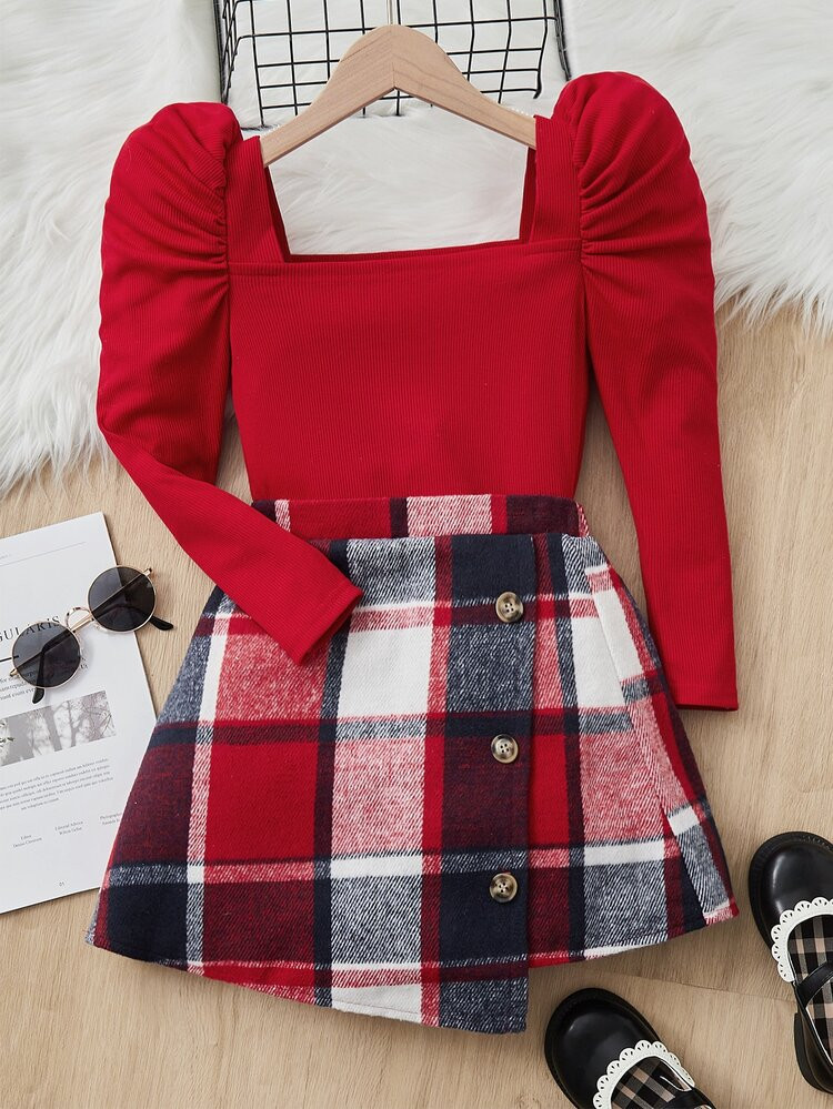 SHEIN Girls Gigot Sleeve Top & Plaid Print Asymmetrical Hem Skirt | SHEIN