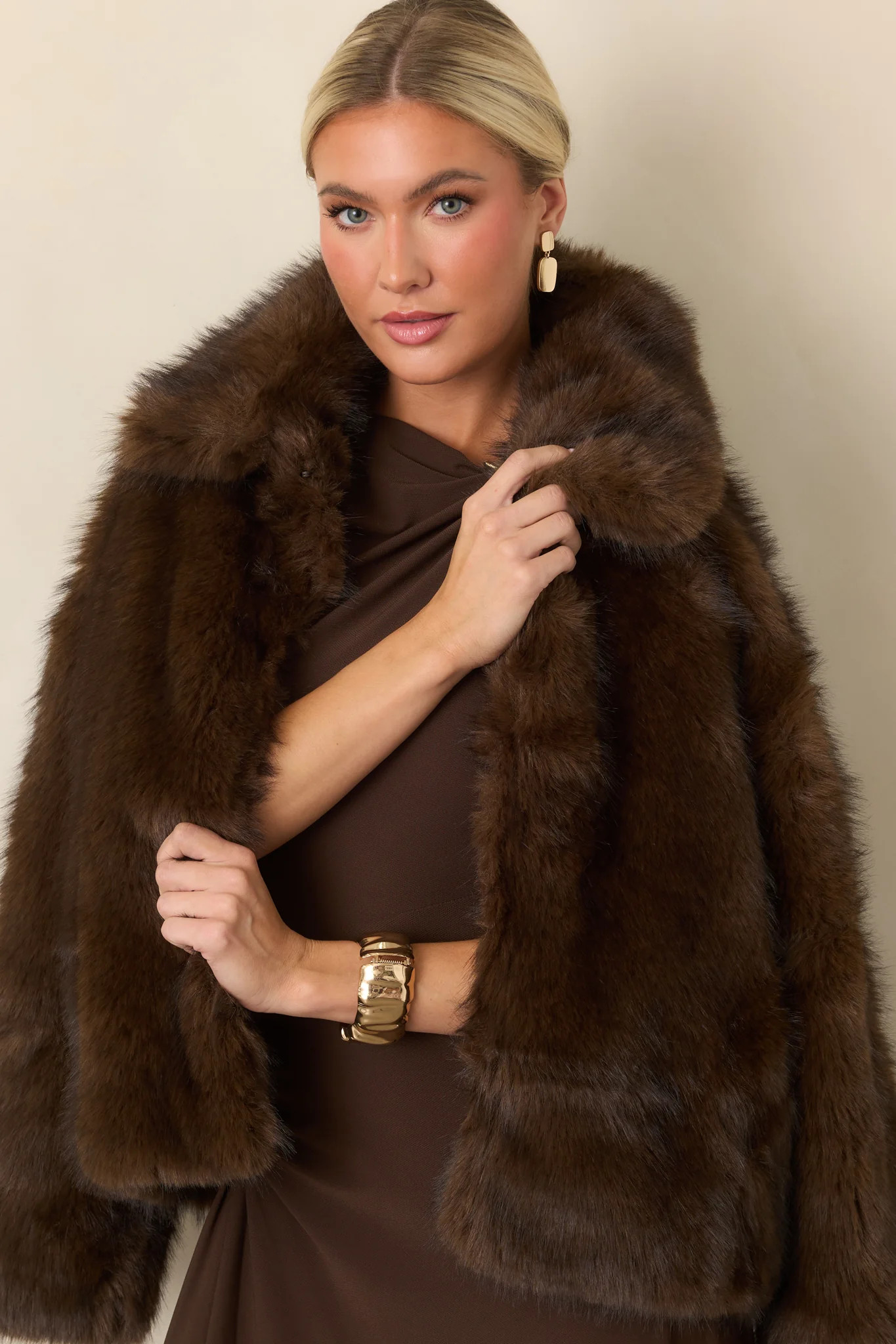 The Glamour of It Chocolate Brown Faux Fur Jacket | Red Dress