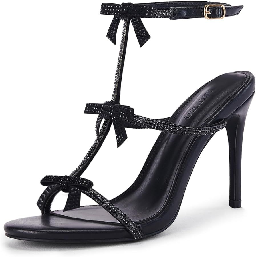 Coutgo Womens Rhinestone High Heels Sandals Sexy Stiletto T-Strap Open Toe Ankle Strap Summer Dre... | Amazon (US)