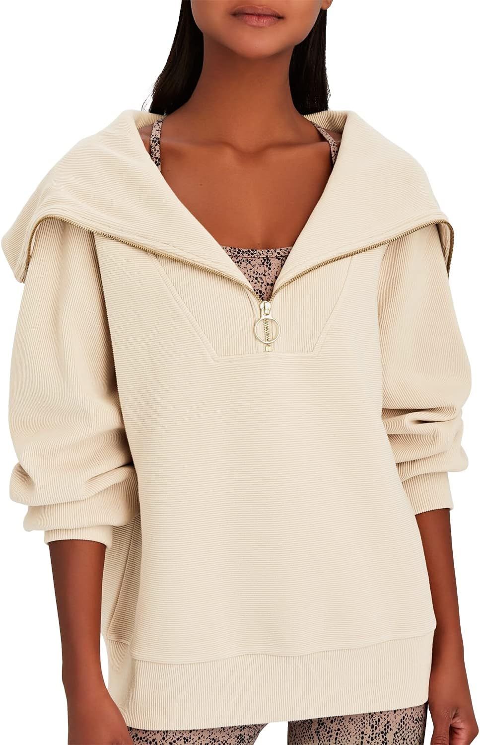 Meyeeka Womens 1/4 Zipper Drop Shoulder Long Sleeve Sweatshirt Rib Knit Slouchy Sweater Pullover | Amazon (US)