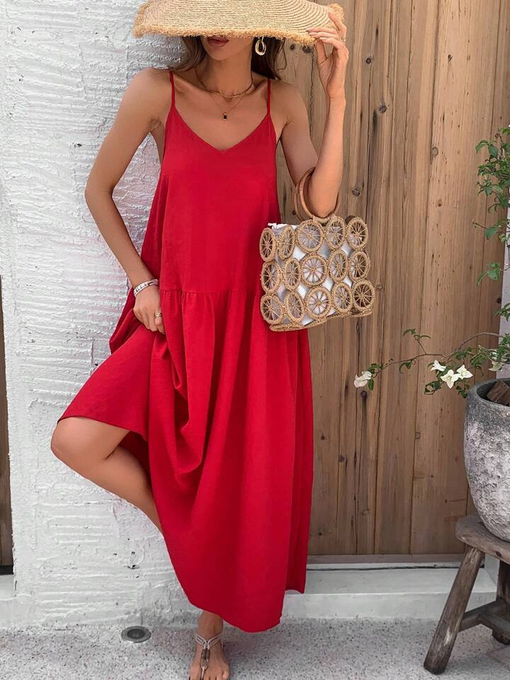 SHEIN VCAY Solid Color Ruffle Hem Spaghetti Strap Dress | SHEIN USA | SHEIN