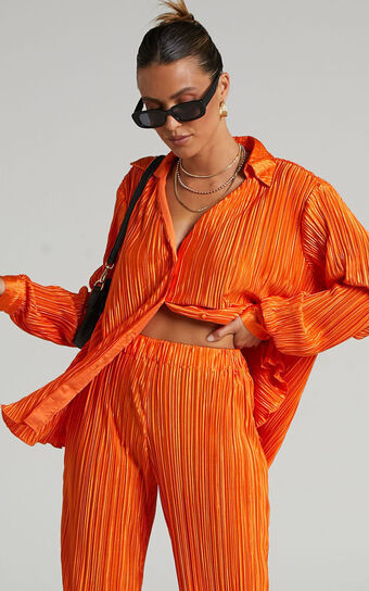 Beca Shirt - Plisse Button Up Shirt in Bright Orange | Showpo (US, UK & Europe)