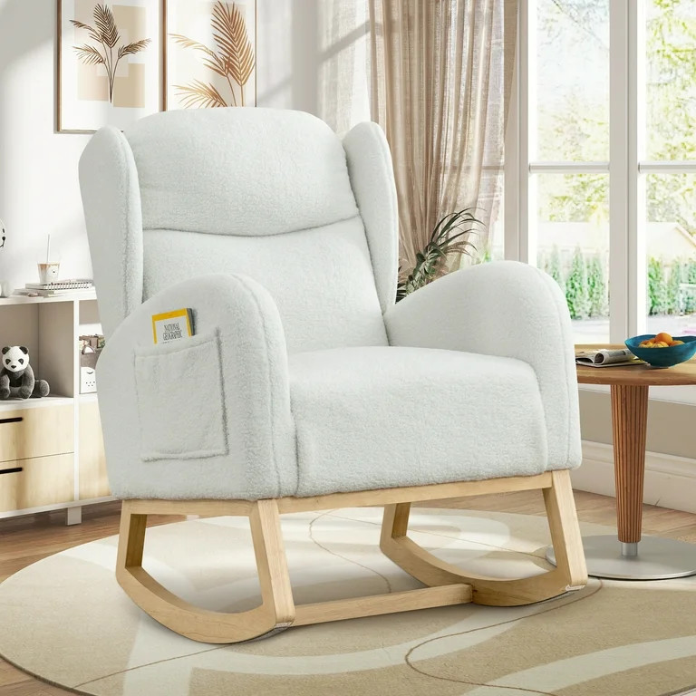 Muumblus Nursery Rocking Chair, Wingback Glider Rocker, Indoor Uphlostered Rocking Chair, Ivory T... | Walmart (US)