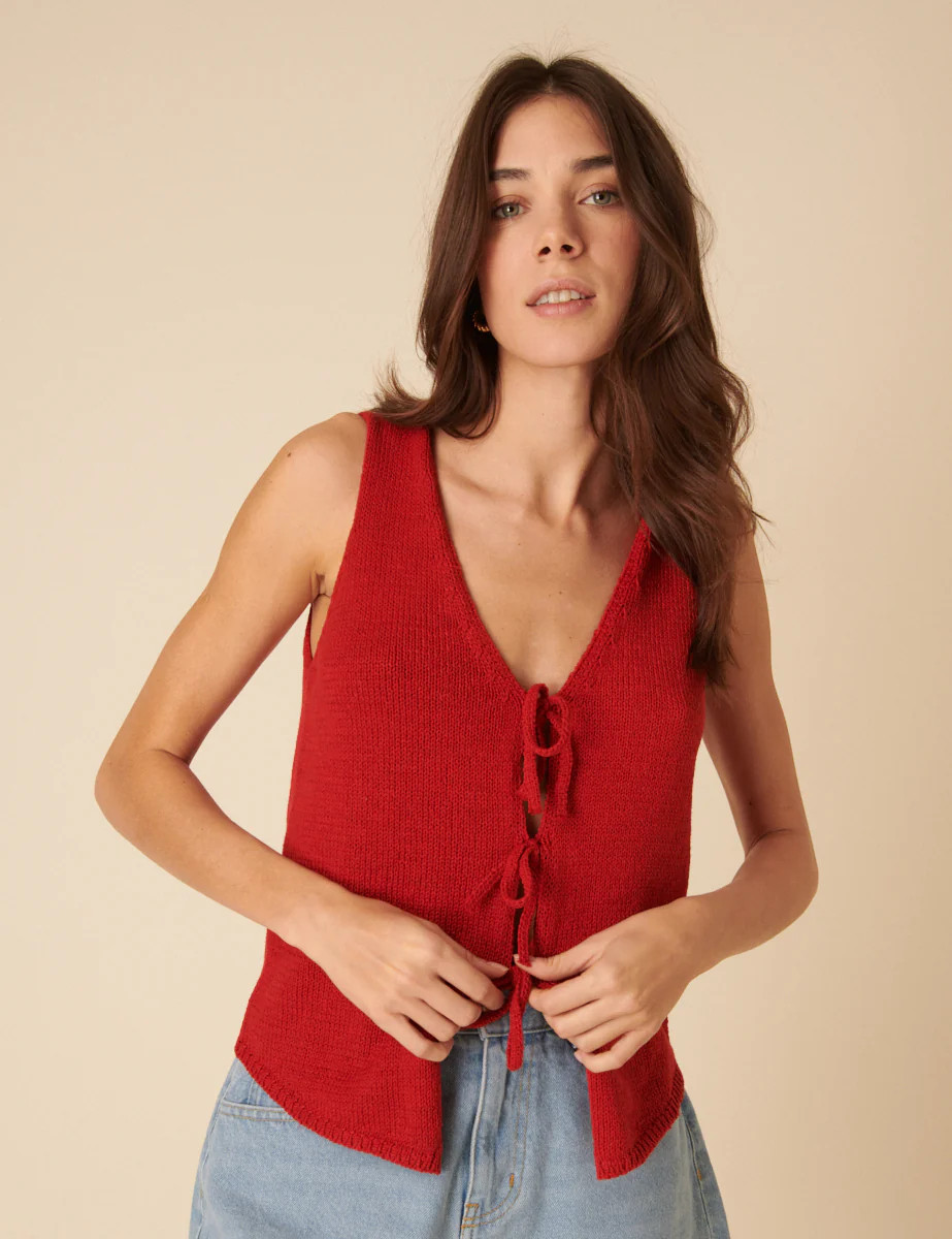 Red Linen-blend Tie Front Knitted Waistcoat | Nobody's Child