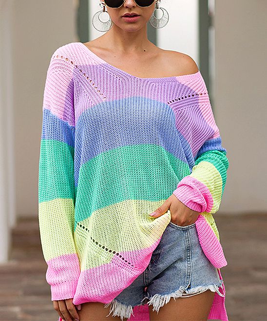 Amasoo Women's Pullover Sweaters pink - Pastel Rainbow Color Block Sweater - Women | Zulily