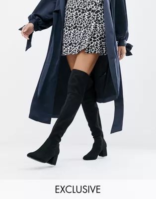 Boohoo exclusive block heel over the knee boots in black | ASOS UK