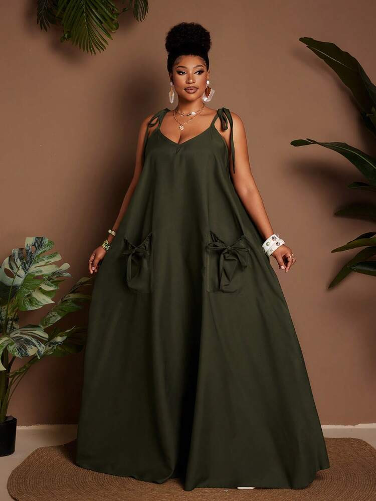 Plus Size Women's Green A-Line Dress, Casual Sleeveless Beach Vacation Dress, Summer | SHEIN