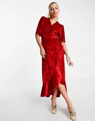 Flounce London long sleeve wrap maxi dress in red velvet | ASOS (Global)