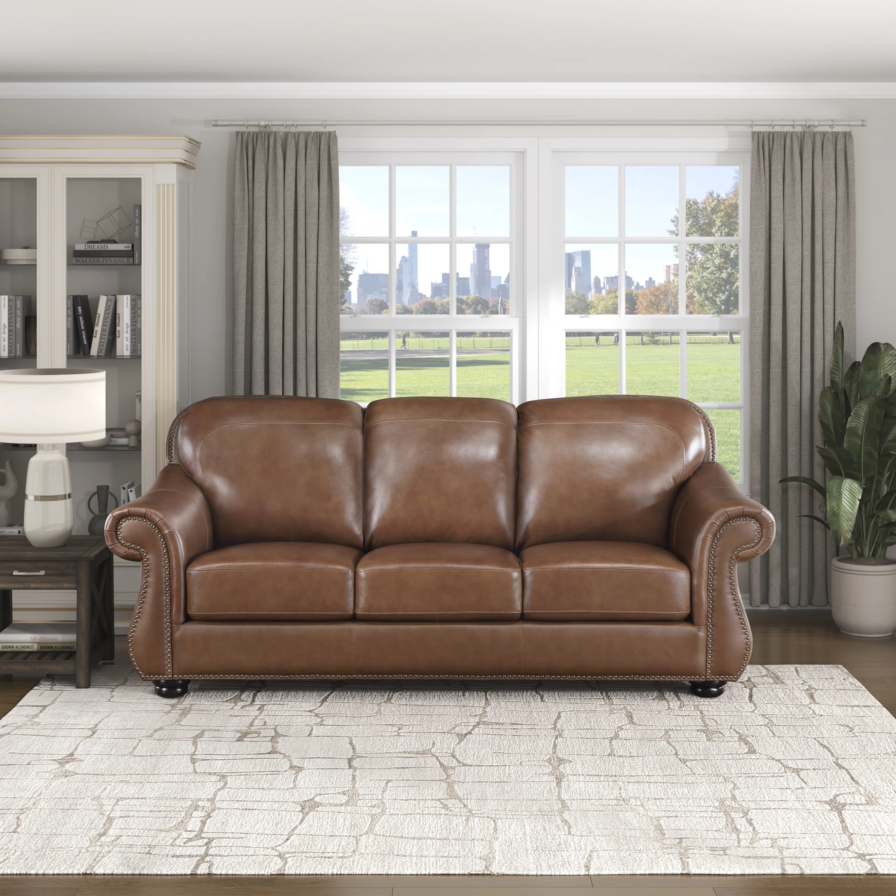 Bawan 85" Traditional Rolled Arm Top Grain Leather Sofa with Sophisticated Nailhead Trim, Exposed... | Wayfair North America