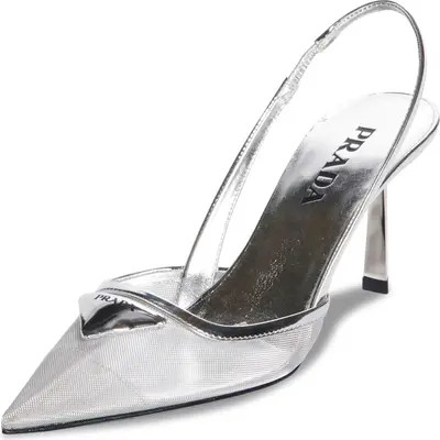 Prada Modellerie Pointed Toe Metallic Mesh Slingback Pump in Argento at Nordstrom, Size 6.5Us | Nordstrom