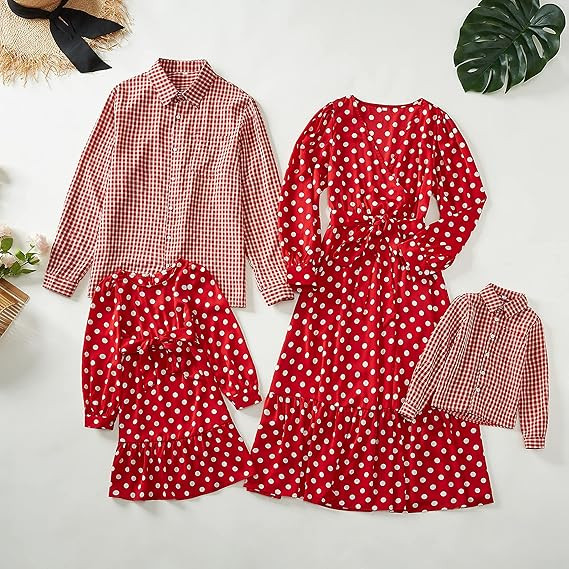 PopReal Family Matching Outfits Mommy and Me Dresses Lantern Sleeves Ruffle Wave Point Print Shir... | Amazon (US)