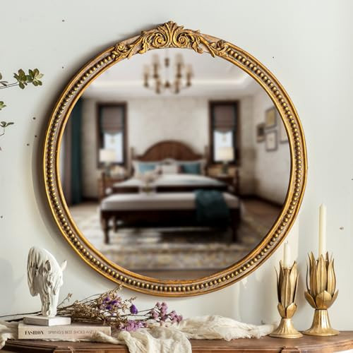 ZIYOO Vintage Ornate Round Wall Mirror, French Baroque Gold Framed Decorative Mirror, Classic Ornate Accent Mirror for Living Room, Bedroom, Entryway, Vanity, 32 Inch | Amazon (US)