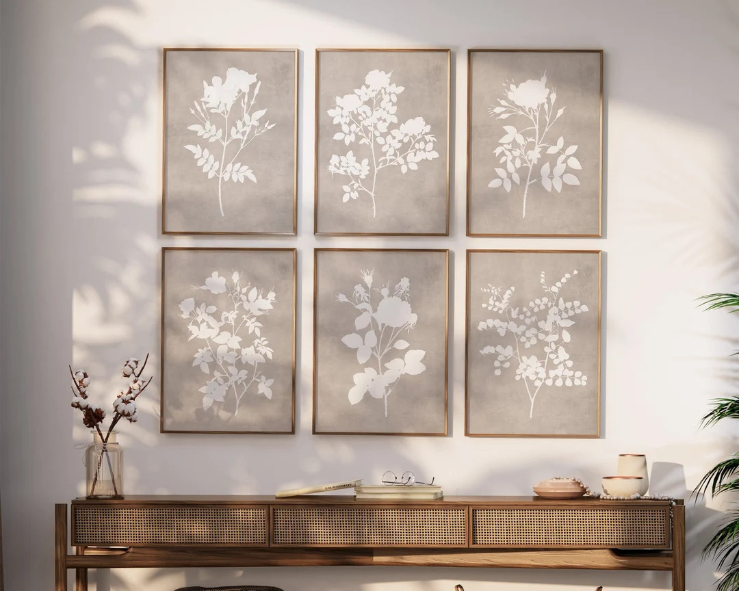 Neutral Floral Wall Art, Mid Century Modern Print, Set of 6 Gallery Wall Prints, Neutral Botanica... | Etsy (US)