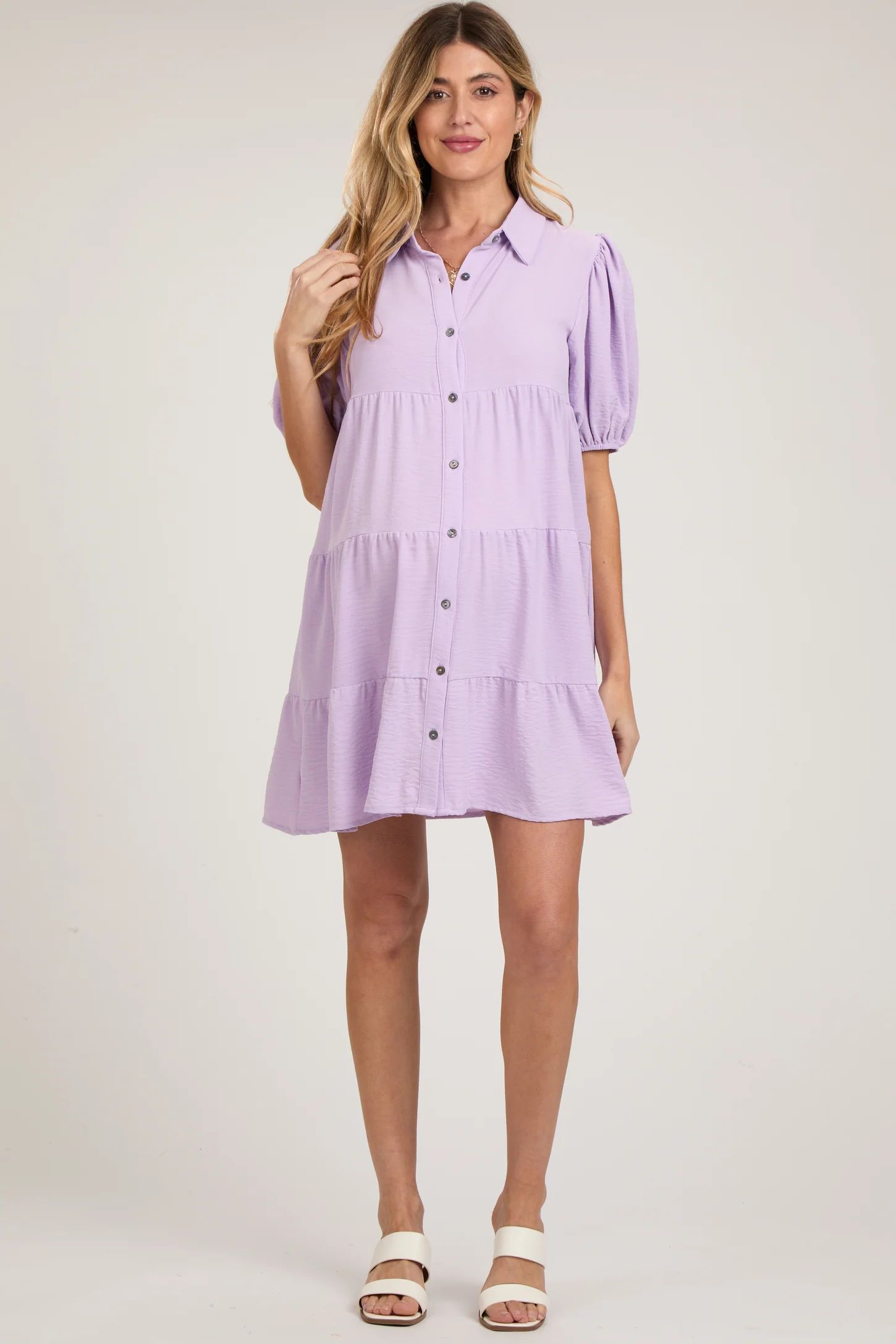 Lavender Button Front Tiered Collared Maternity Dress | PinkBlush Maternity