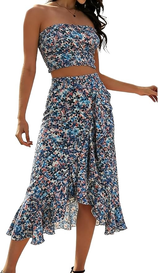 Angashion Women's 2 Piece Dress Floral Crop Top Maxi Skirt Set Outfit Dress with Pockets | Amazon (US)