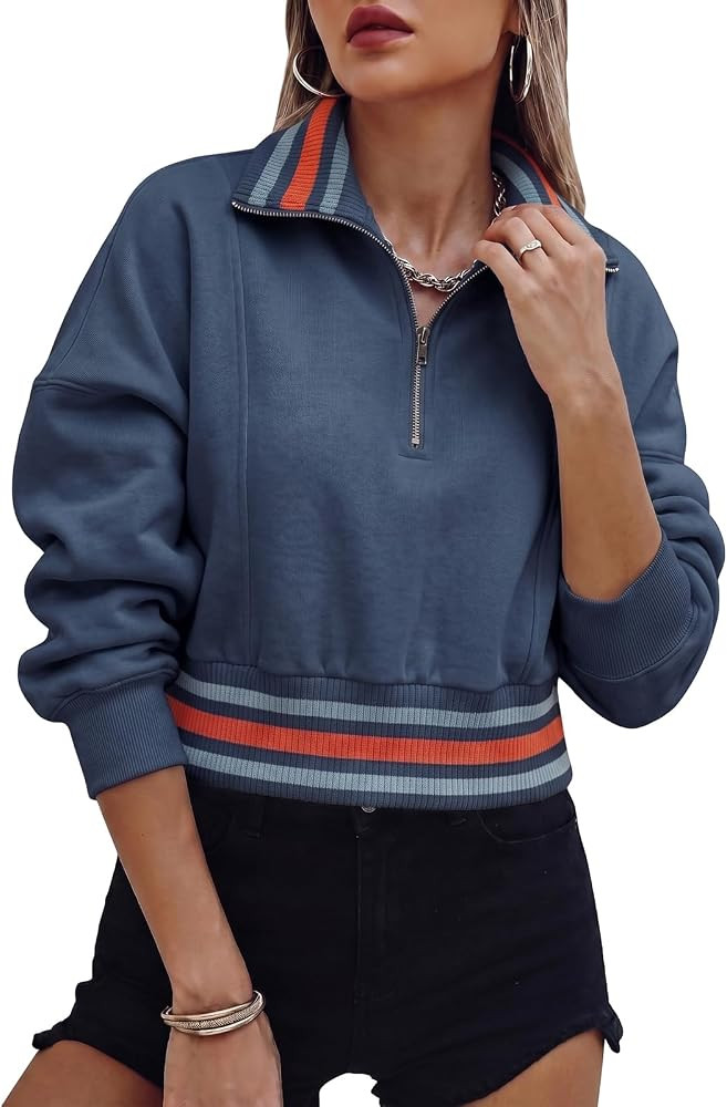 Fisoew Womens Half Zip Crop Pullover Sweatshirt Stripe Long Sleeve Jacket | Amazon (US)