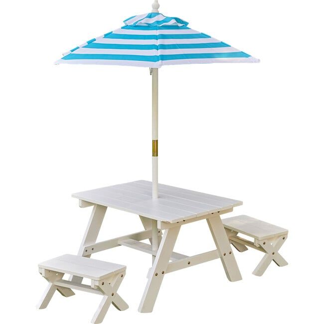 Wooden Outdoor Table & Bench, Children's Furniture, White with Turquoise & White Umbrella | Maisonette