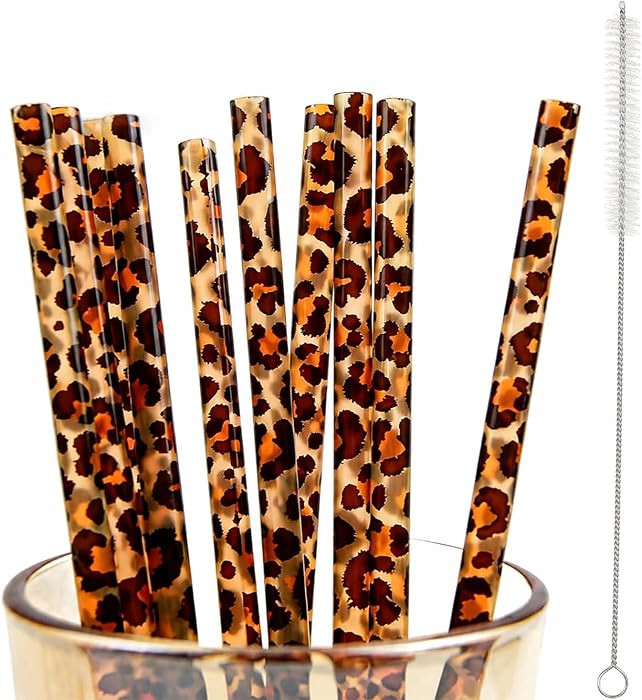 10 Pcs Reusable Leopard Straws Hard Plastic Drinking Straw and Cleaning Brush Leopard Print Anima... | Amazon (US)
