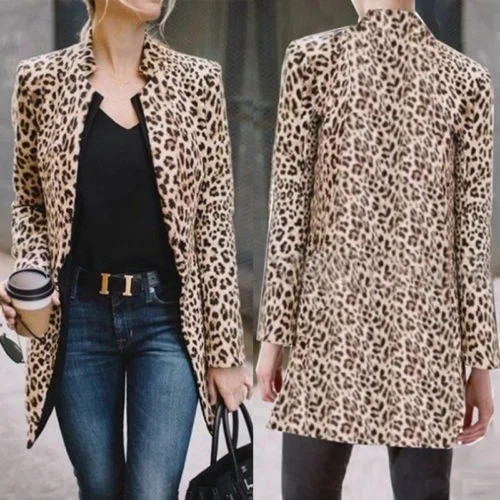 Women Leopard Print Long Sleeve Cardigan Jacket Casual Coat Business Suit Jacket Outwear | Walmart (US)