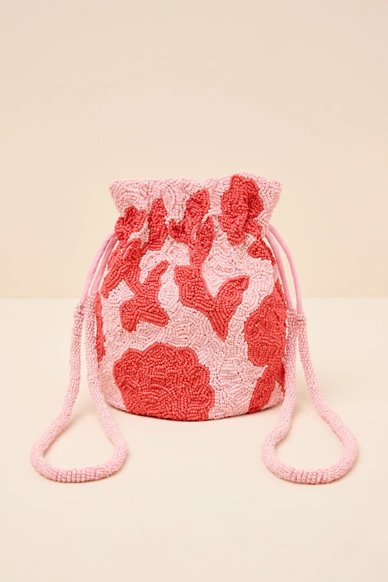 Miridia Pink Multi Floral Beaded Drawstring Bucket Bag | Lulus