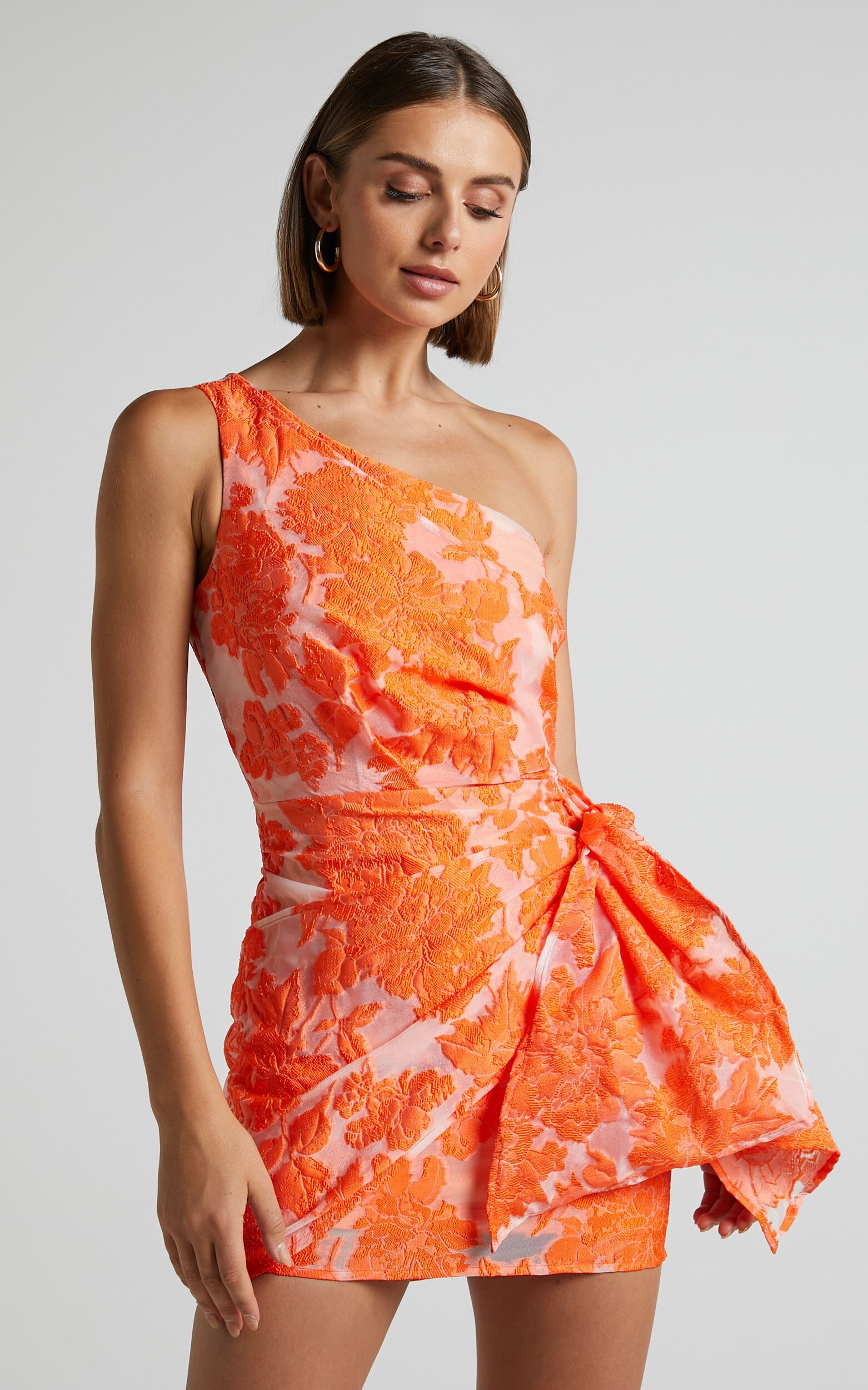 Brailey One Shoulder Wrap Front Mini Dress in Orange Jacquard | Showpo (US, UK & Europe)