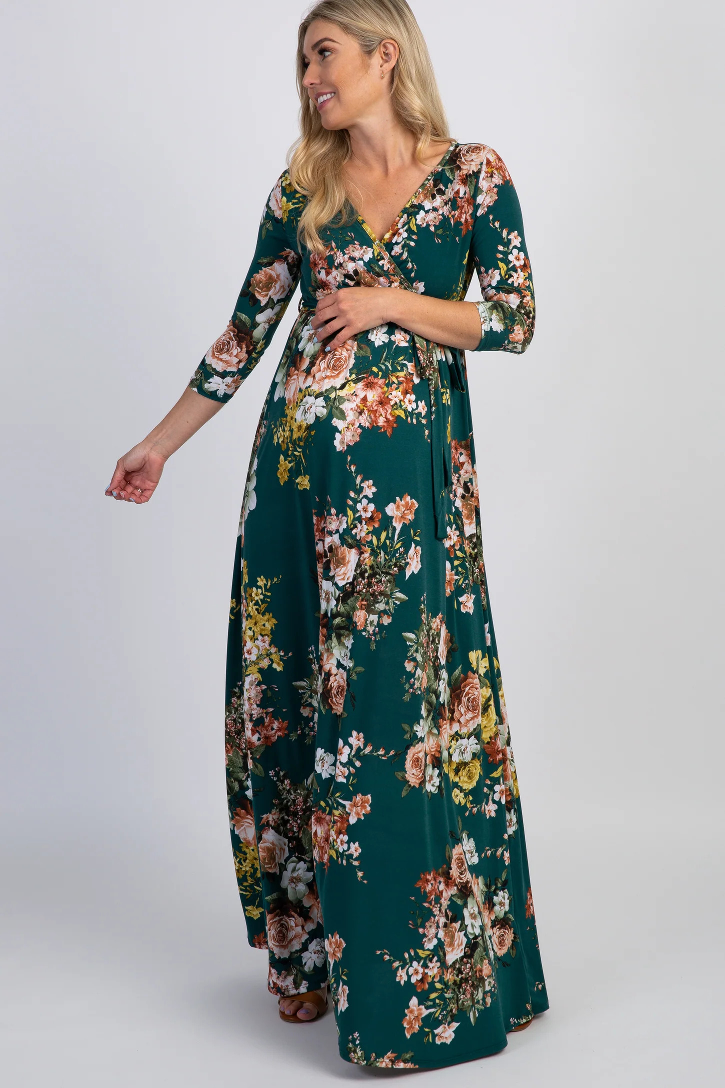 PinkBlush Green Rose Print Sash Tie Maternity Maxi Dress | PinkBlush Maternity