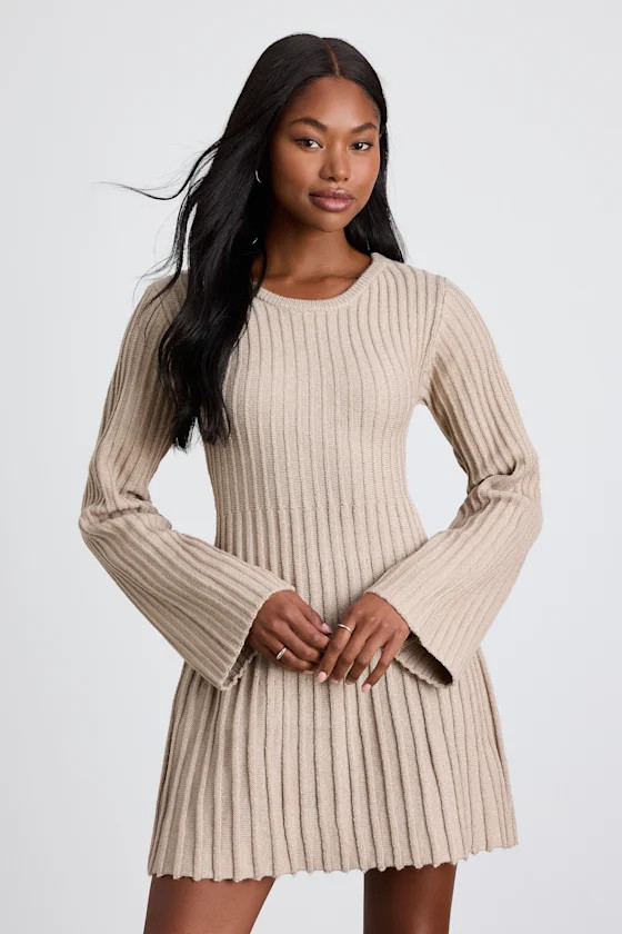Convincing Poise Beige Ribbed Long Sleeve Skater Mini Dress | Lulus