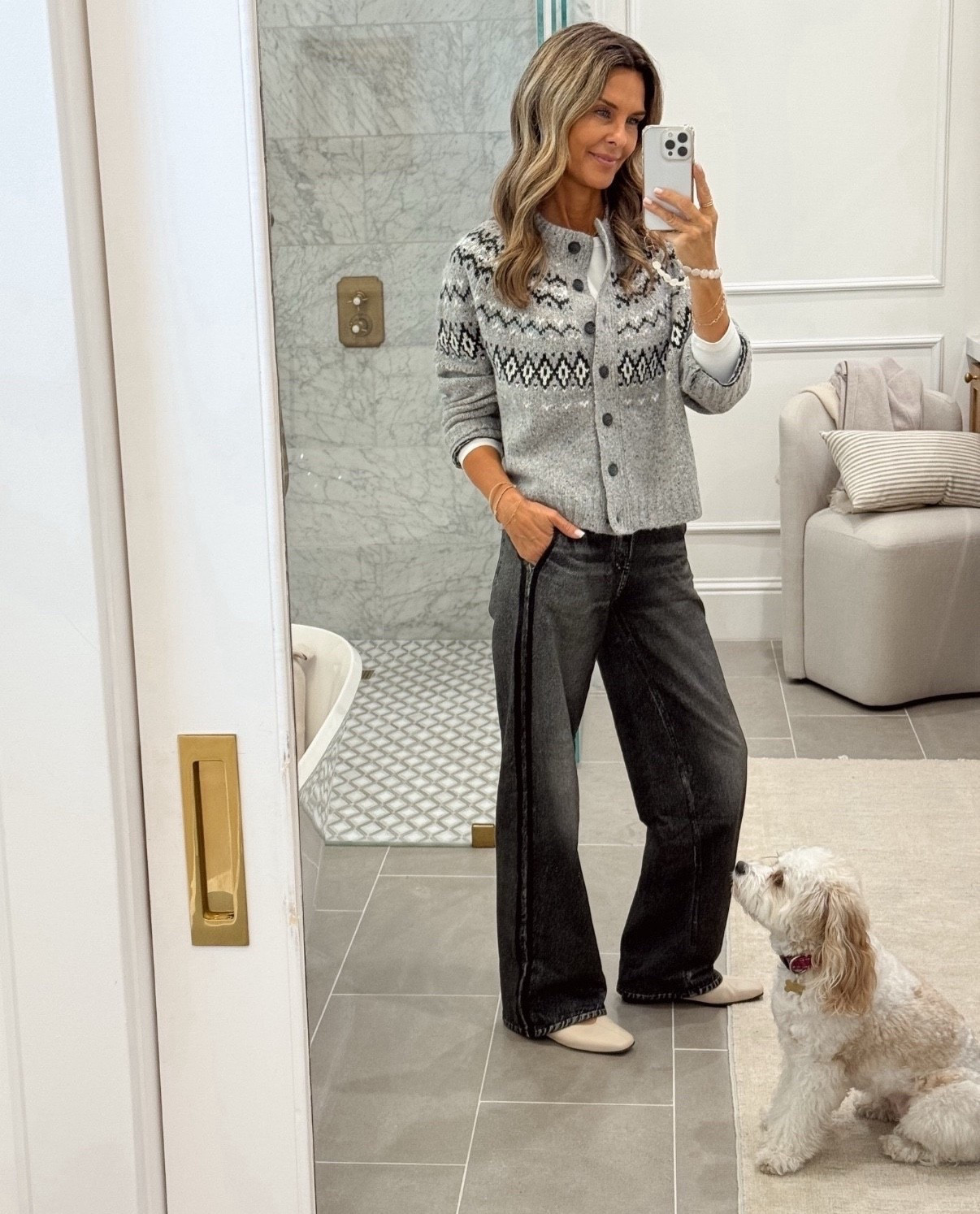 A TOP OUTFIT OF 2025

-Sweatpant jeans wearing XS with room. I’m 5’6”, I have not washed them yet. 
-fair isle cardigan is gorgeous! Wearing a small 
-flats TTS 

#LTKOver40 #LTKTravel