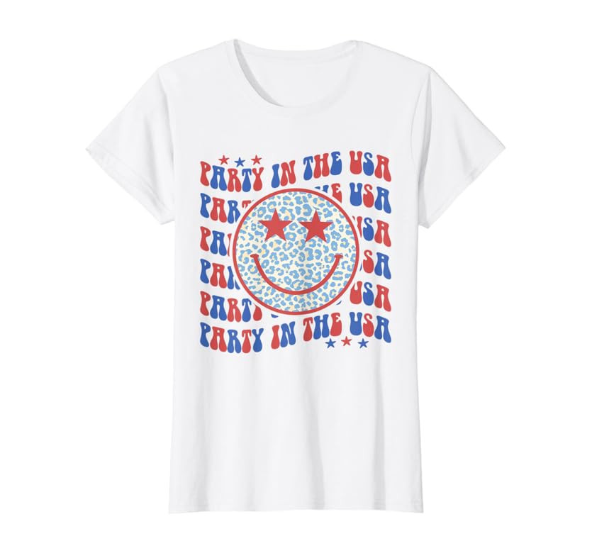 Party In The USA Shirt Happy Face Leopard Pattern Trendy T-Shirt | Amazon (US)