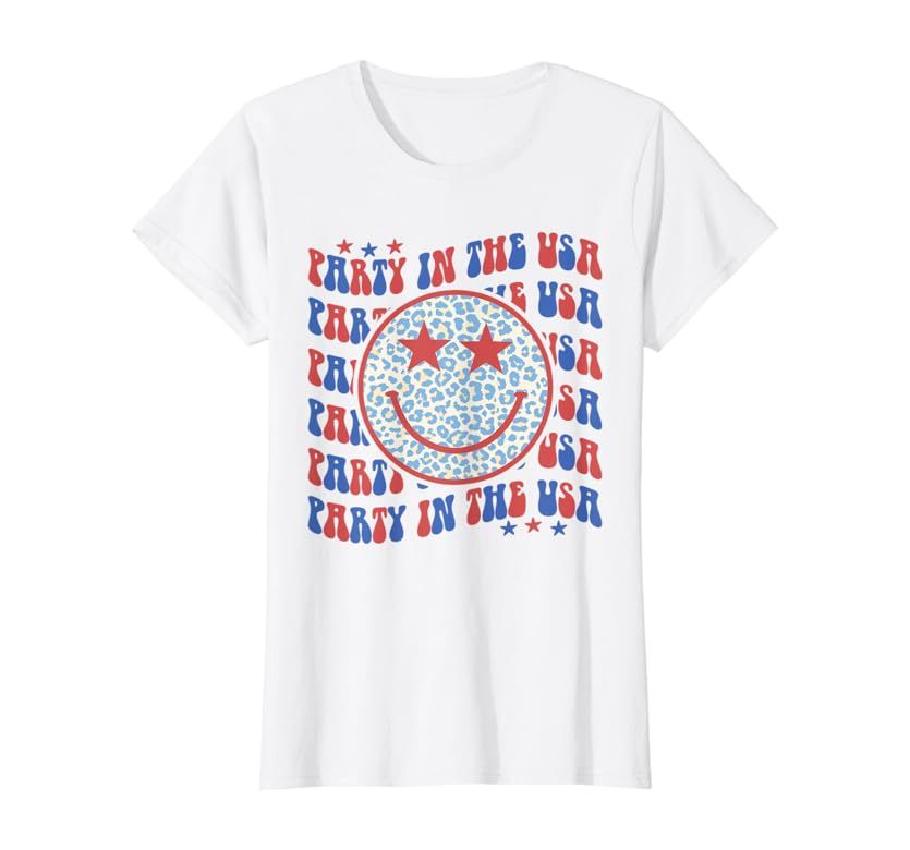 Party In The USA Shirt Happy Face Leopard Pattern Trendy T-Shirt | Amazon (US)
