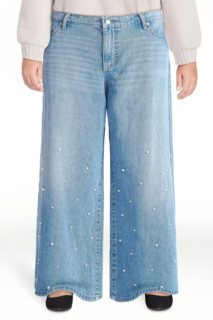 Scoop Women's and Women’s Plus Wide Leg Jeans with Faux Pearl Accents, Sizes 0-26W | Walmart (US)