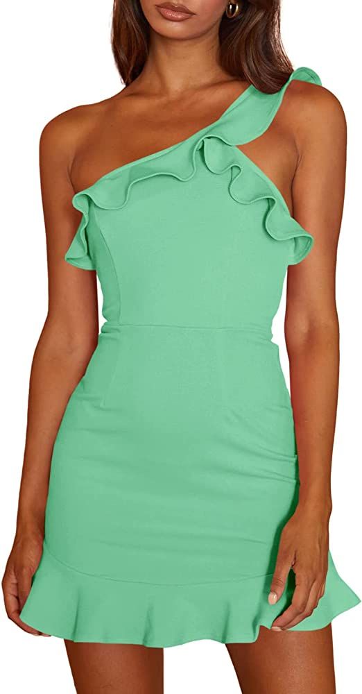 Teurkia Women's Summer Dress One Shoulder Ruffle Sleeveless Backless Bodycon Mini Dress | Amazon (US)