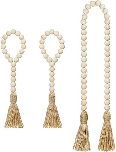 Mkono Wooden Beads Garland with Tassels 3 Pcs Prayer Beads Farmhouse Rustic Wood Bead String Wall Ha | Amazon (US)