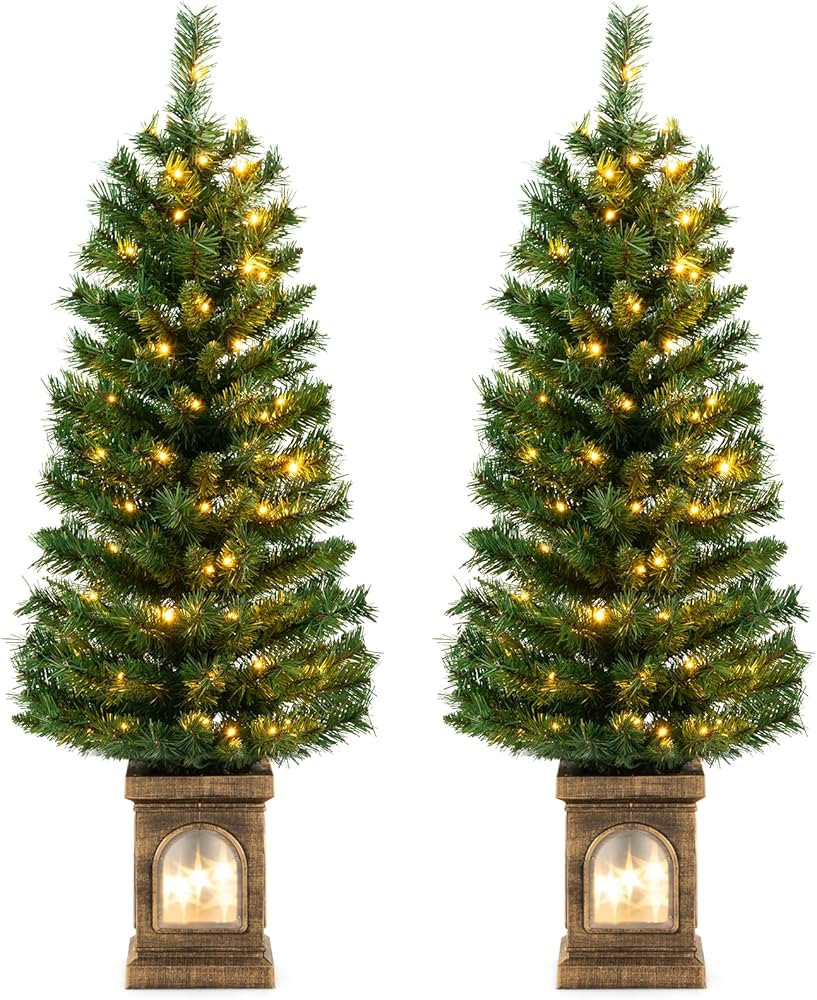 Goplus 4ft Pre-Lit Christmas Tree for Entrances, Set of 2 Artificial Potted Xmas Tree with 100 LE... | Amazon (US)