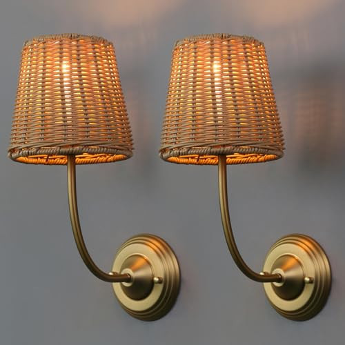 Yosoan Set of 2 Rattan Boho Wrapped Wall Sconce Light, Indoor Hardwired Gold Hand-Woven Farmhouse Vintage Wall Lamps, Brass Handmade Shade Wall Mount Fixture for Reading Bedside Bedroom(Antique) | Amazon (US)