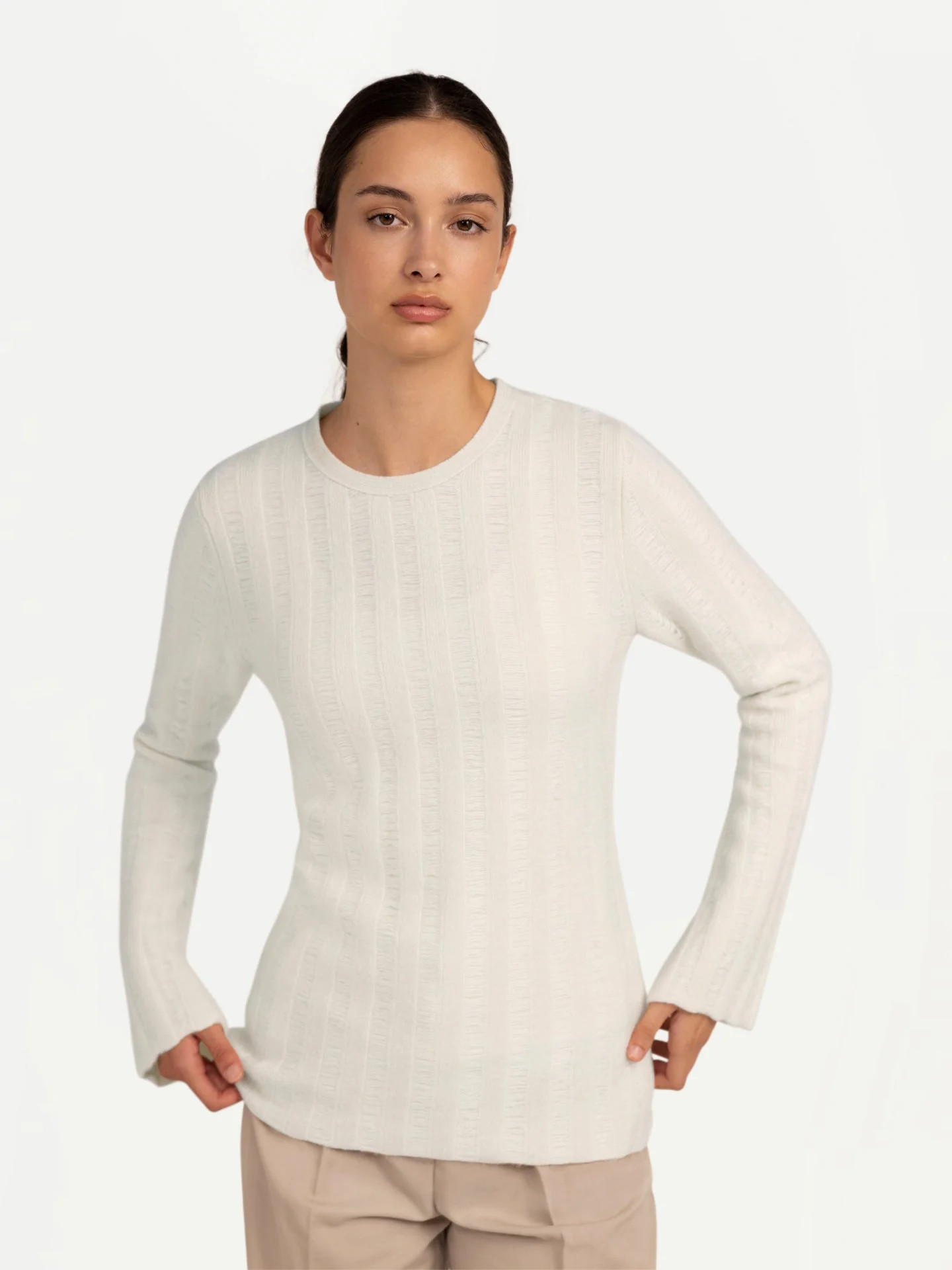 Women's Cashmere Textured  Sweater White - Gobi Cashmere | Gobi Cashmere